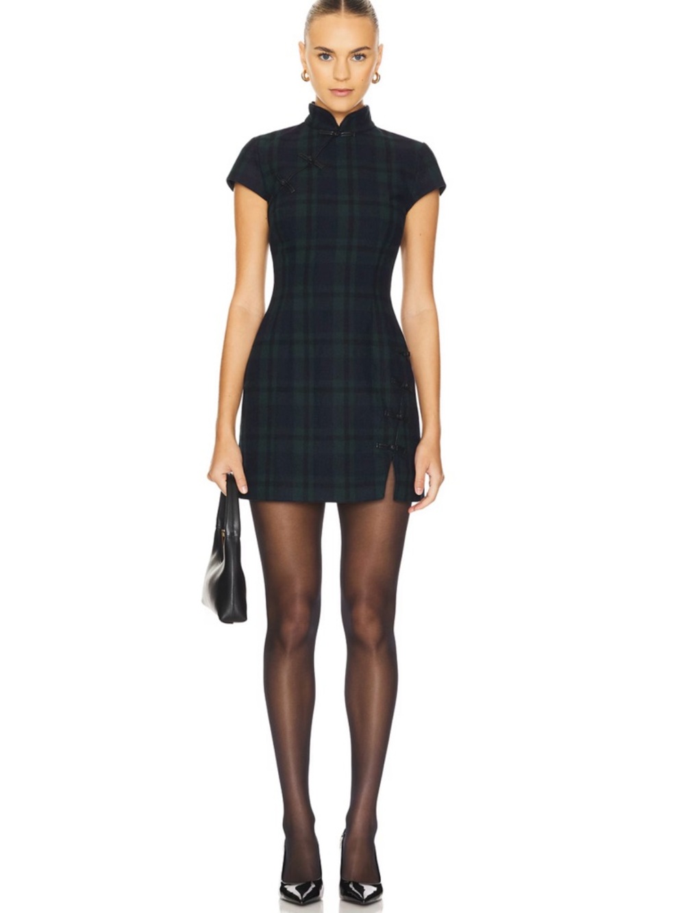 Sau Lee Plaid Short-Sleeve Mini Dress in Dark Green